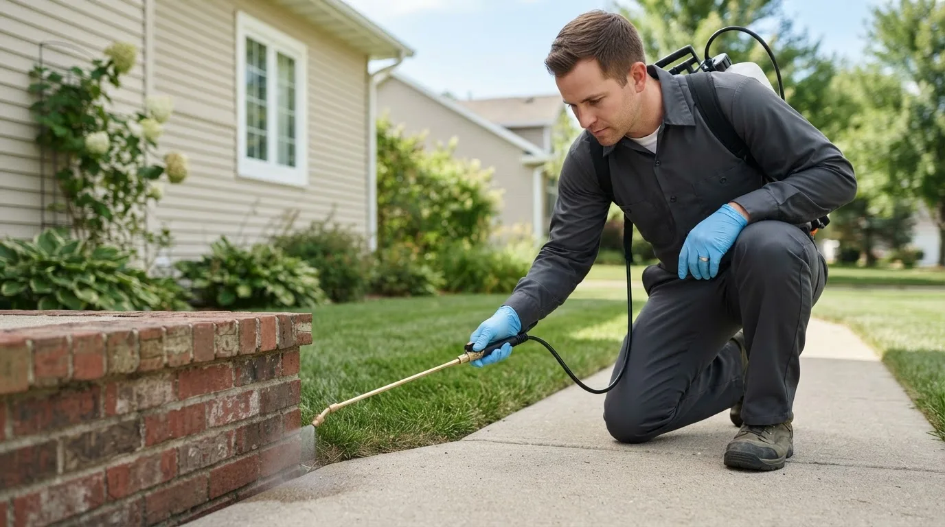 Pest control technician treating a home near Mcalisterville, PA