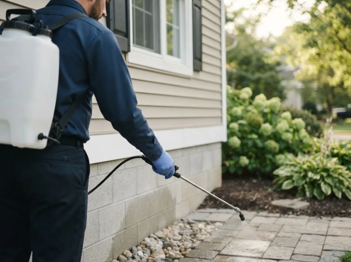 Pest control technician inspecting a home in Mcalisterville, PA